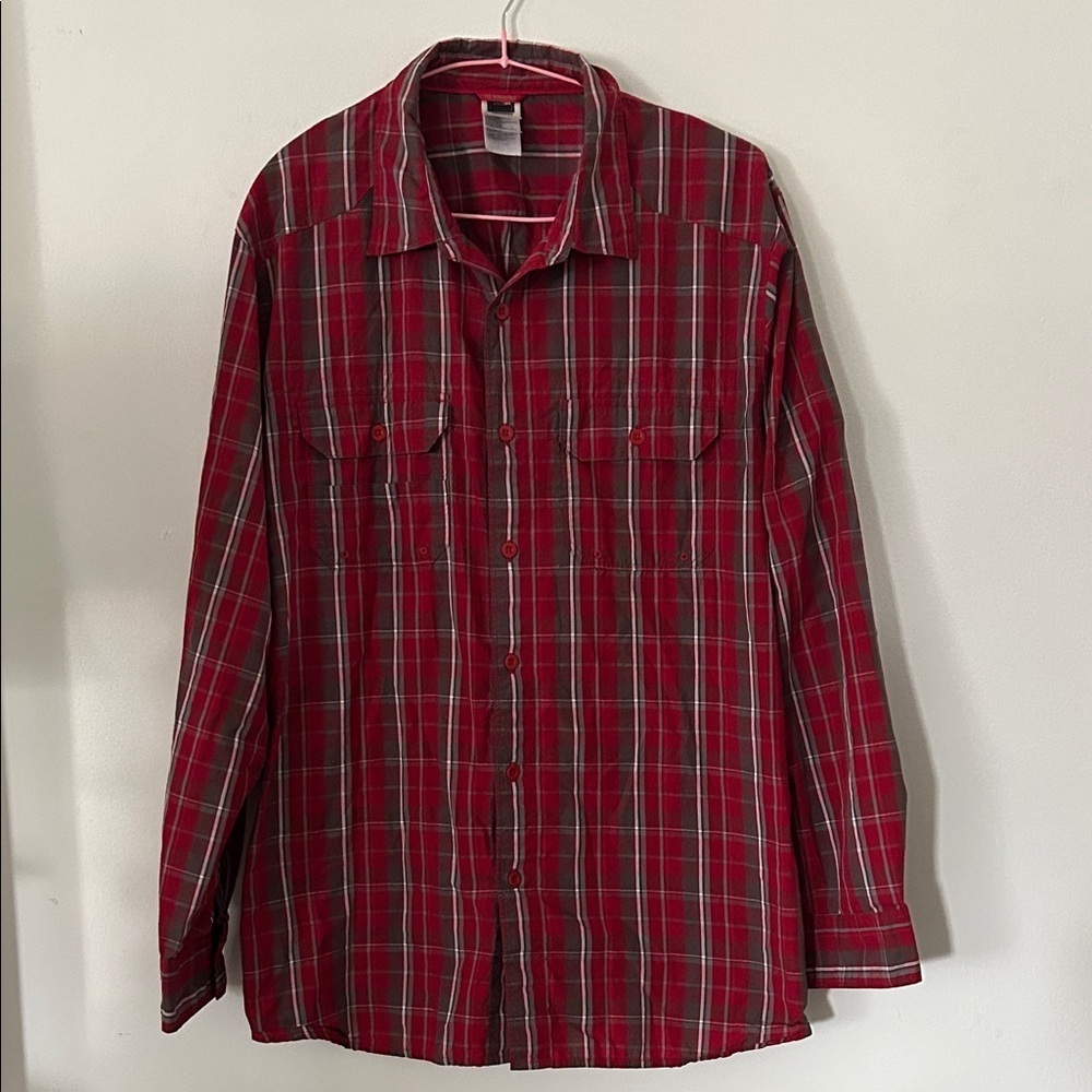 The North Face Shirt Mens L Red Plaid Long Sleeve Button Up Pockets Outdoor